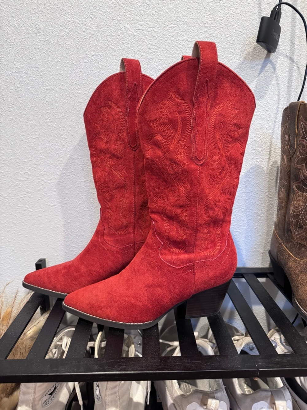 Pink Lily Red Suede Western Booties for Women